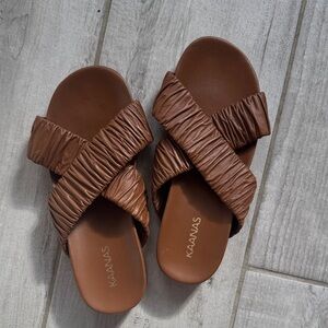 Kaanas Chocolate Brown Ruched Cross-Strap Slide Sandals